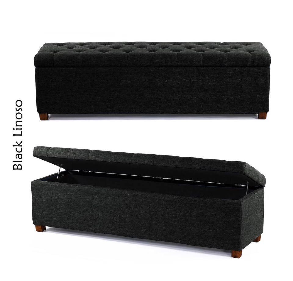 Linoso Chesterfield Black Ottoman Storage Box with Square Wooden Legs - Upholstered Blanket Box (120W x 40D x 45H cm)