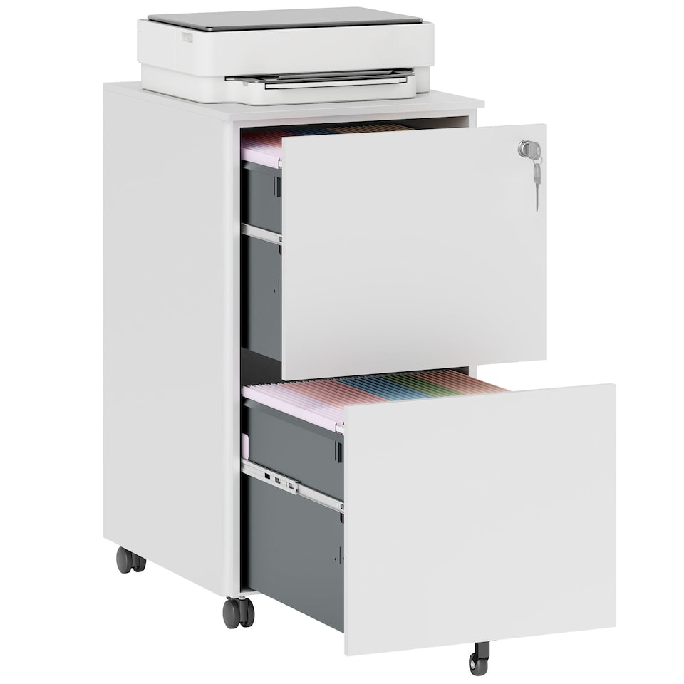 image 1 of Vinsetto 2-Drawer Vertical Filing Cabinet with Lock and 5 Wheels, Steel Mobile File Cabinet, for A4, Legal and Letter Size, Pre-Assembled Body, White