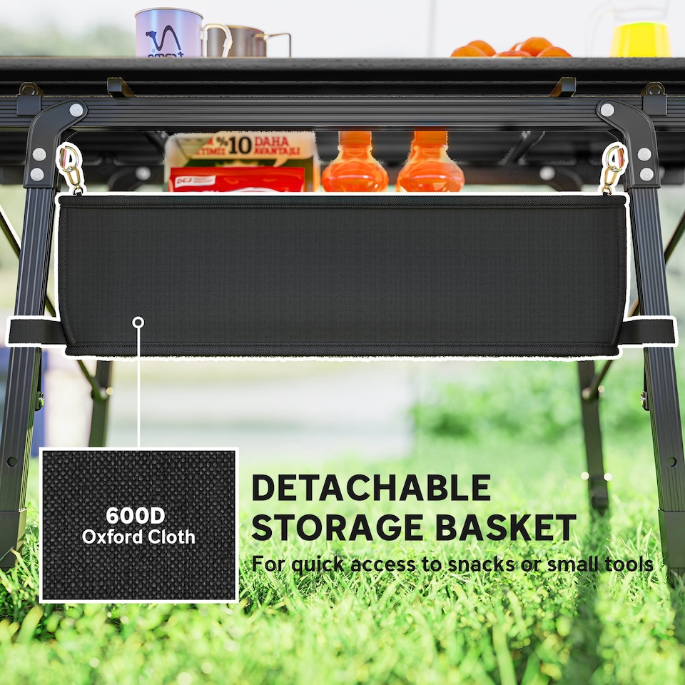 image 1 of Outsunny Folding Camping Table, 90 x 55 cm Height Adjustable Portable Collapsible Table, 3ft Lightweight Aluminium Rollup Picnic Table with Storage Basket for Outdoor Garden Party BBQ, Black | Black | Black | 90L x 55W x 66H cm