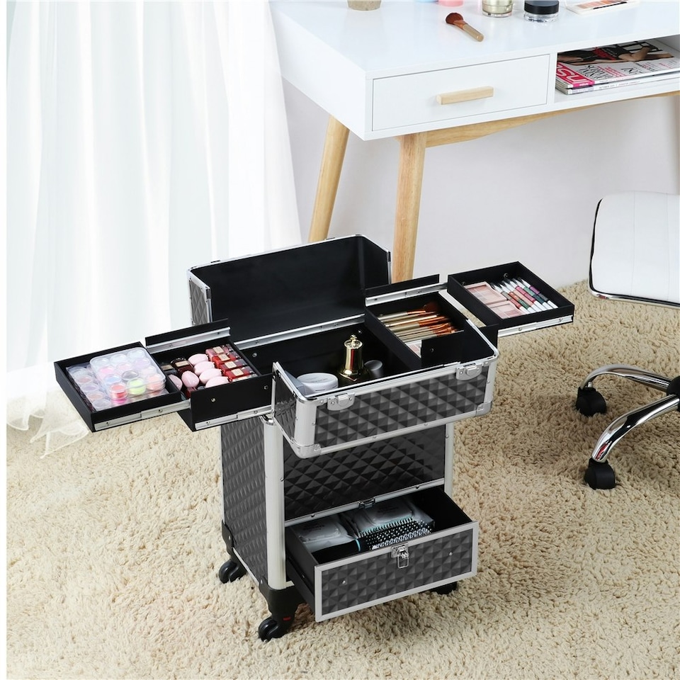 image 1 of Yaheetech Aluminum Makeup Train Case with Slide-Out Drawer Black Black