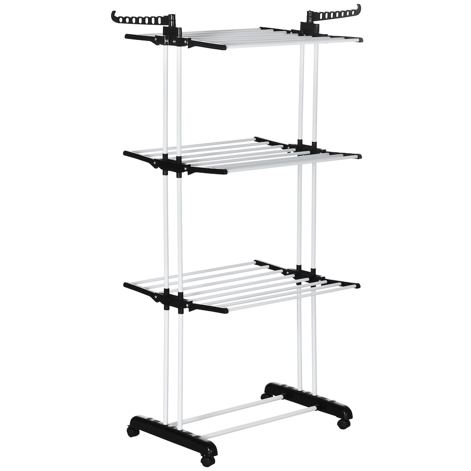image 1 of HOMCOM 4-Tier Clothes Airer, Foldable Clothes Drying Rack with Wheels and Wings, Steel Garment Laundry Rack for Indoor and Outdoor Use, Black
