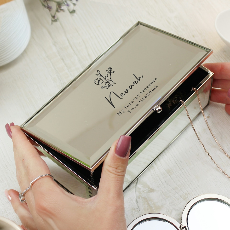 image 1 of Personalised Floral Mirrored Jewellery Box