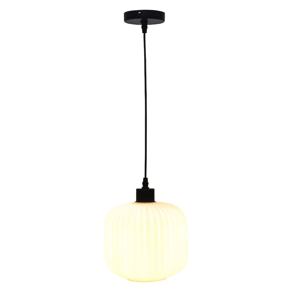 image 1 of Set of 2 Bento - White Ribbed Glass with Black Pendant Fittings | Black | White | 2