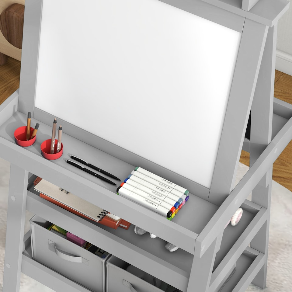 image 1 of AIYAPLAY Art Easel for Kids with Paper Roll, 3 in 1 Kids Easel Double-Sided Magnetic Whiteboard and Chalkboard with Storage Baskets, for Children 3-6 Years | Grey | Grey