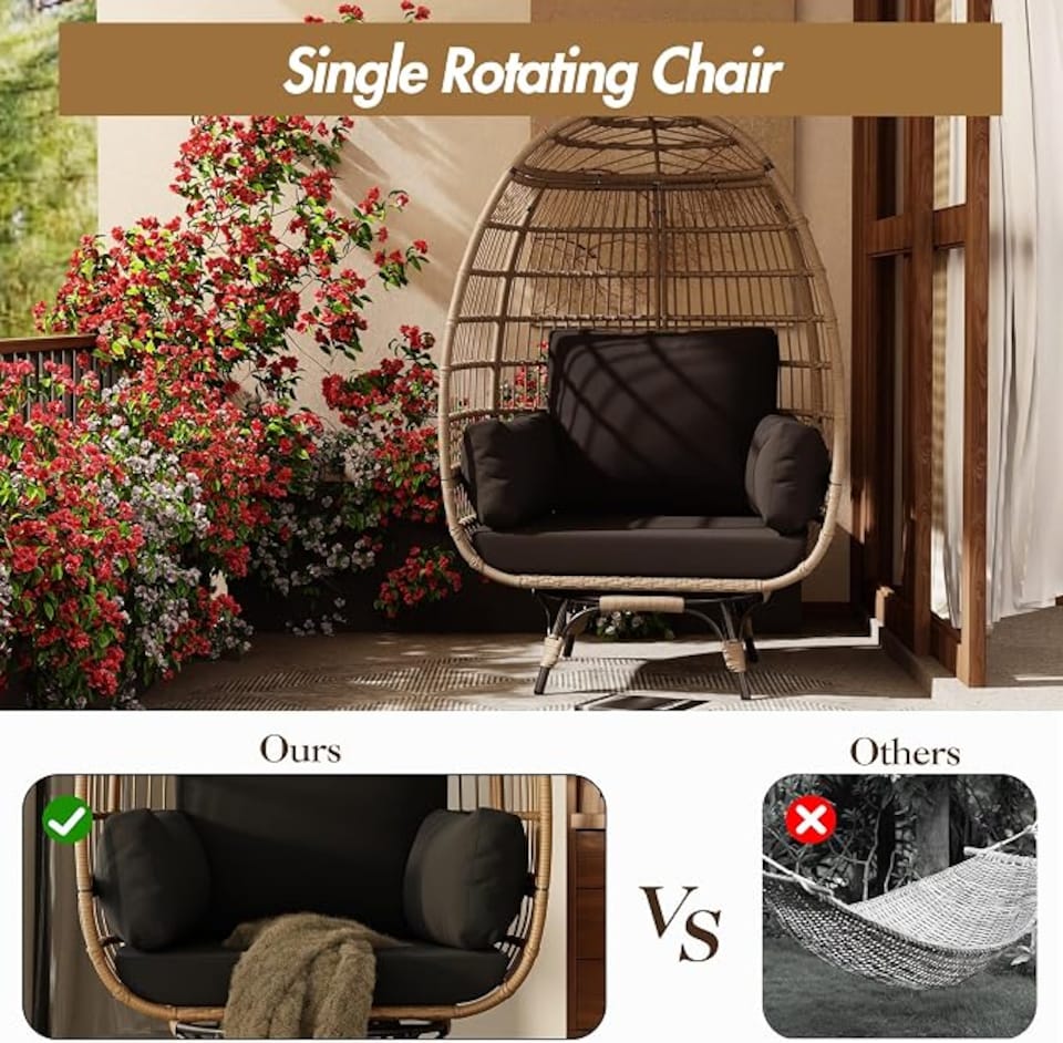 image 1 of London Boutique Oversized Rattan Egg Chair 85x143x95cm - 360° Swivel Patio Lounge Chair with Cushions, All-Weather PE Wicker & 350 lbs Metal Base for Garden, Balcony & Indoor