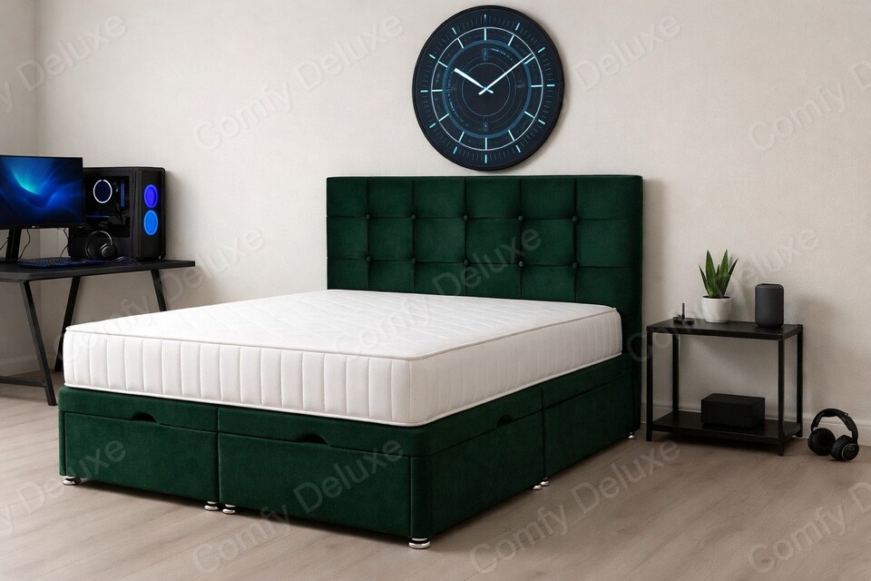 image 1 of Cube Green Plush Foot Lift Ottoman Divan 2ft6 Small Single Bed Set Headboard and Mattress