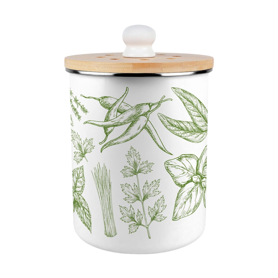 image 1 of Green Herbs Food Waste Caddy - Metal 2L Decorative Kitchen Compost Bin