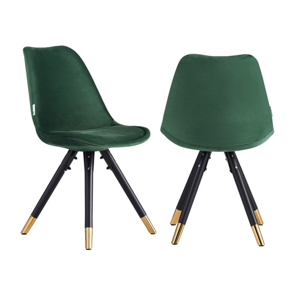 image 1 of Set of 2 Sofia Ergonomic Modern Dining Chairs Upholstered in Velvet, Metal Legs with Gold End Tips Green