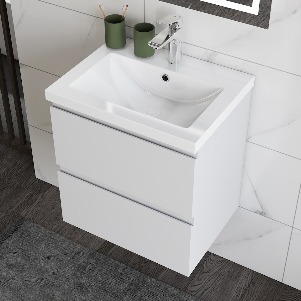 image 1 of AICA 500mm Wall Mounted Bathroom Vanity Unit With Ceramic Basin,2 Soft Close Drawers for Storage,White,Flat packed