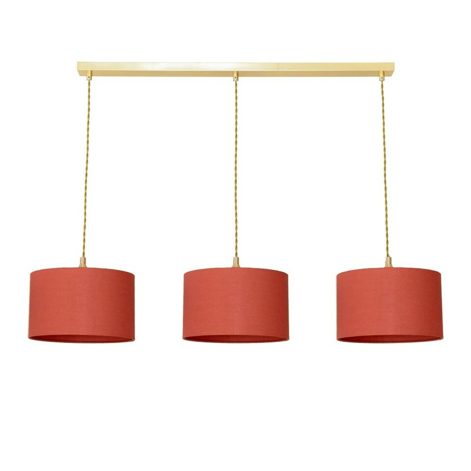 image 1 of ValueLights Reni Rust Fabric Drum Shade 3 Drop Bar Brushed Gold Diner Ceiling Pendant Light Gold