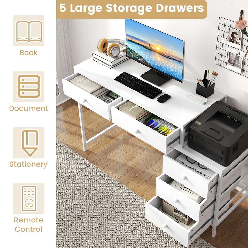 image 1 of COSTWAY Computer Desk with 5 Drawers and Side File Cabinet White White