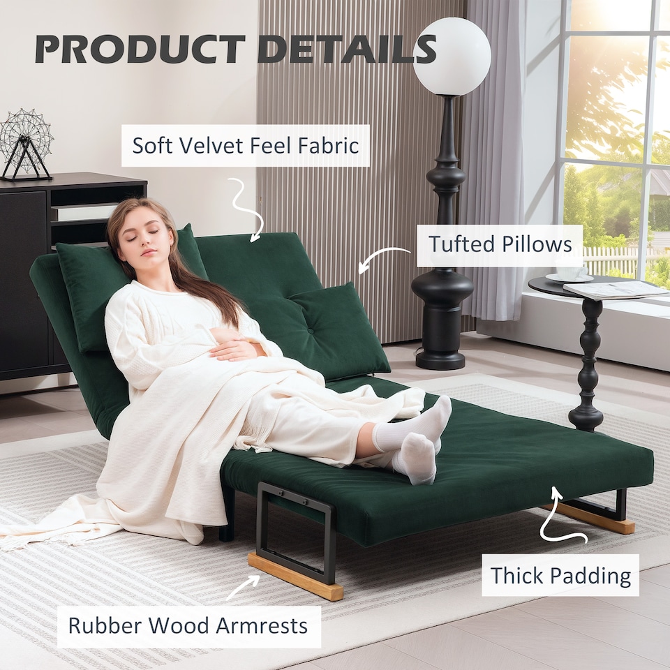 image 1 of HOMCOM 2 Seater Sofa Bed, Click Clack Convertible Bed Settee, Modern Velvet Feel Fabric Sofa Couch with 2 Tufted Cushions, Wood Armrests for Living Room, Bedroom, Guest Room, Green | Green | green | One Size