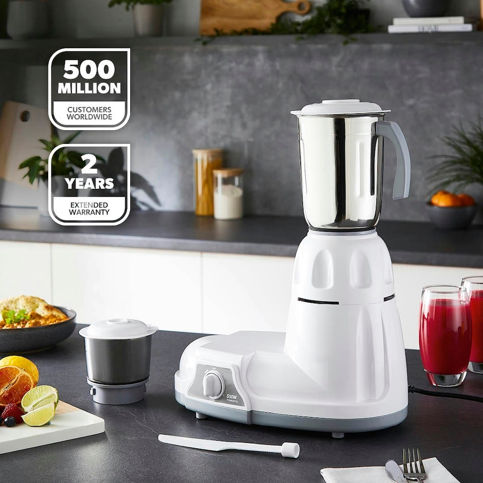 image 1 of GEEPAS 2 In 1 Indian Mixer Grinder Stainless Steel Jars 550W White