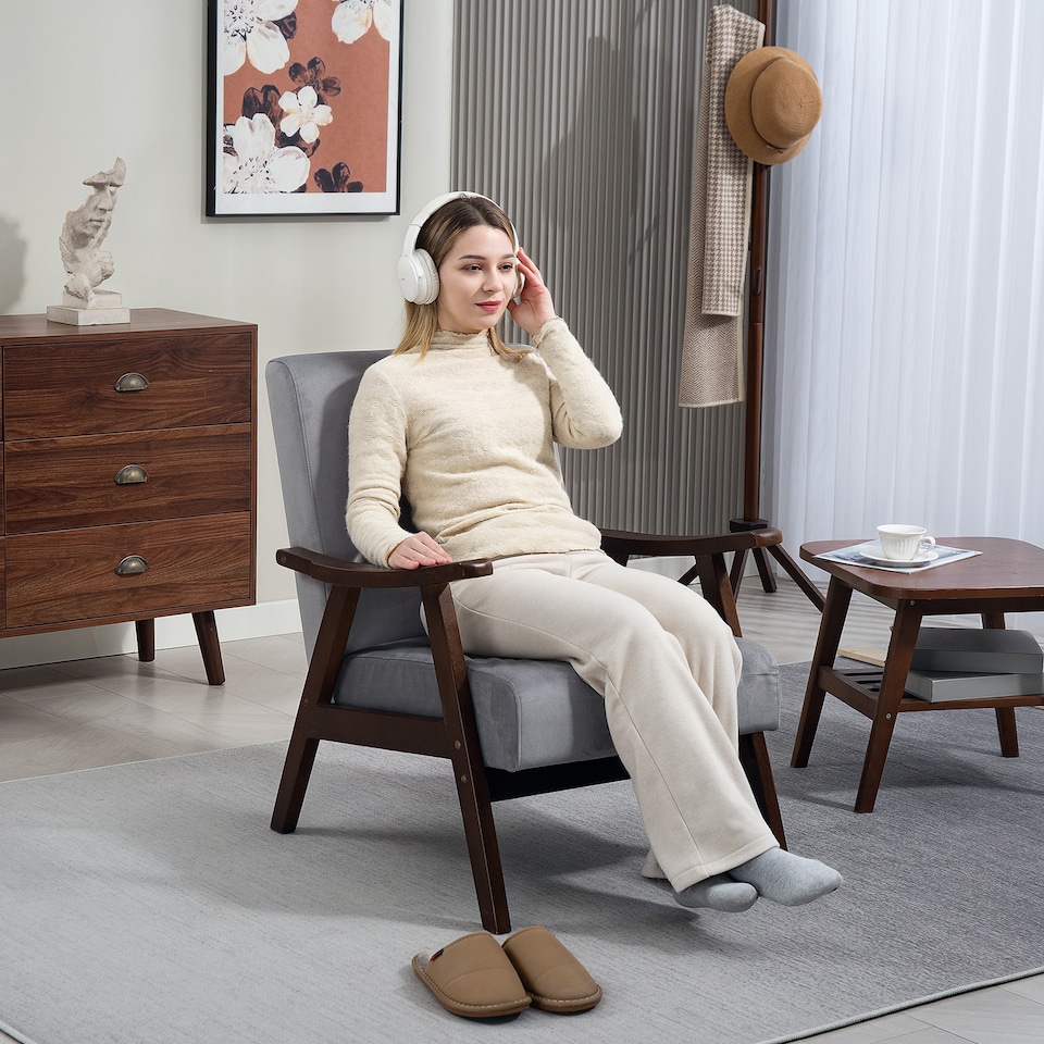 image 1 of HOMCOM Nordic Accent Chair, Upholstered Velvet Armchair with Solid Wood Frame and Soft Thick Padded for Living Room, Bedroom, Grey | Grey | Grey