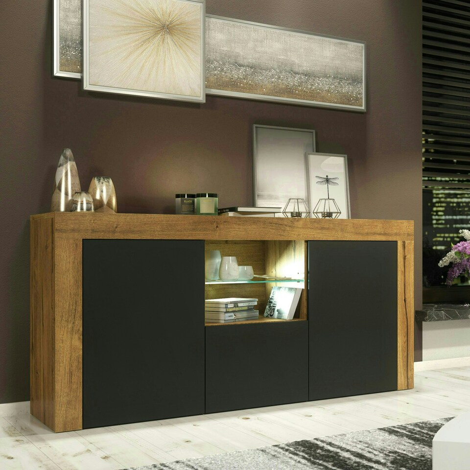 image 1 of TV Unit 145cm Black Matt Doors Free LED Oak Modern Media Cabinet Multi | Oak Matt Body & Black Matt Doors