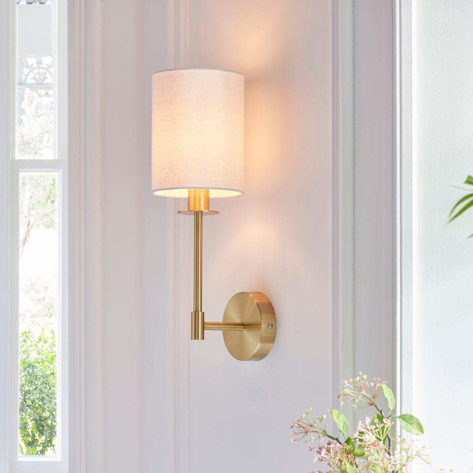 image 1 of Sancerre Wall Lamp with Shade Satin Brass Plate, Vintage White Fabric, 1x E14