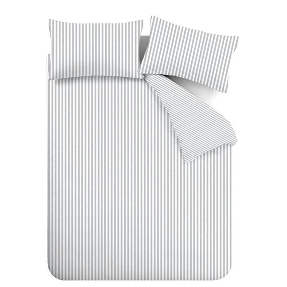 image 1 of Catherine Lansfield Brushed Stripe Cotton Reversible Duvet Cover Set Silver Grey Silver | Double