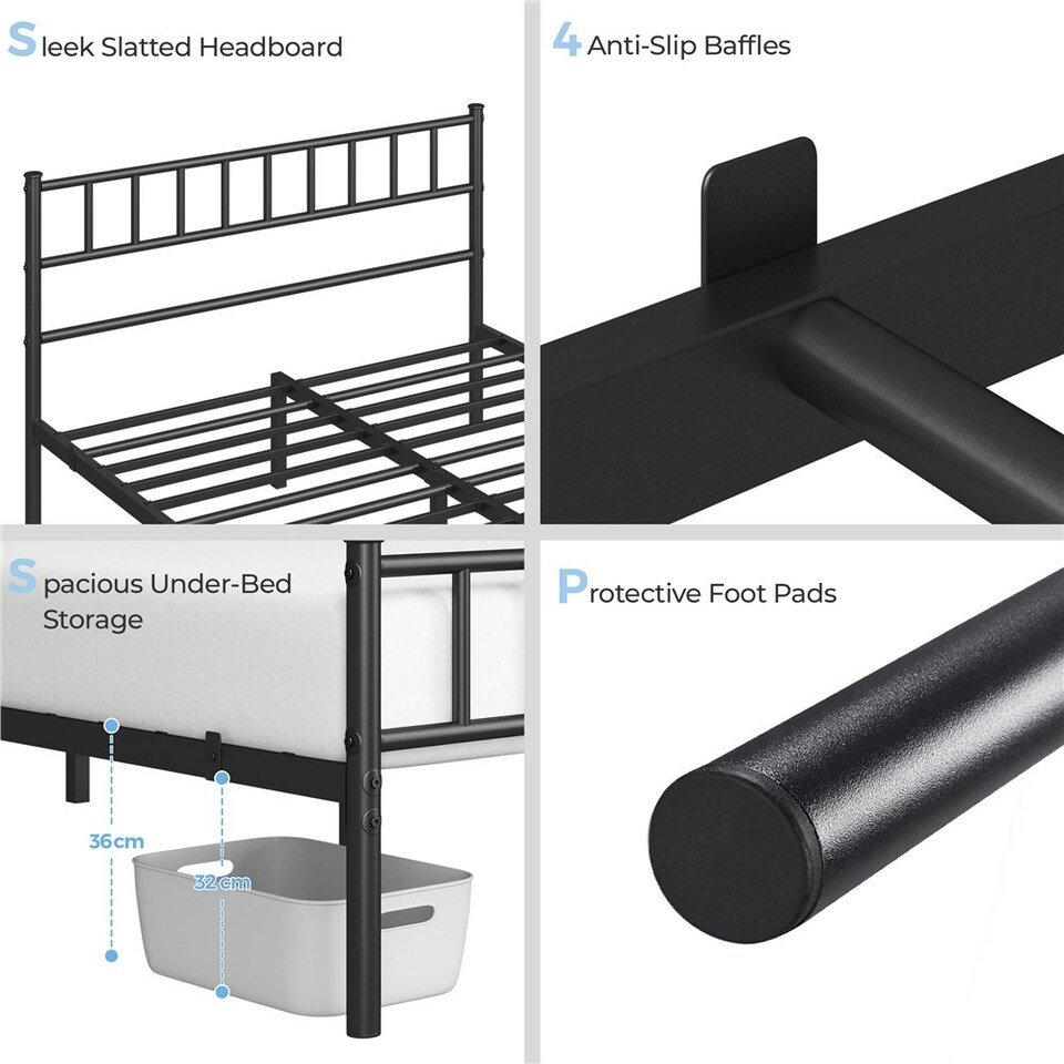 image 1 of Yaheetech 4ft6 Double Metal Bed Frame with Slatted Headboard Black