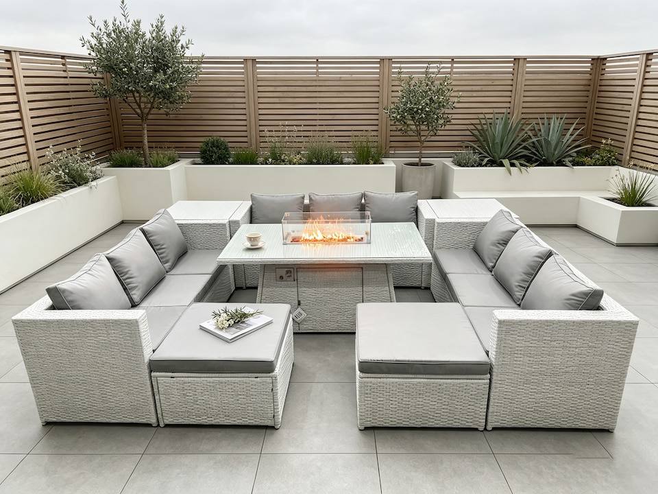 image 1 of Fimous Outdoor Garden Dining Sets Rattan Furniture Gas Fire Pit Dining Table Gas Heater with 2 Side Tables 2 Big Footstools Light Grey
