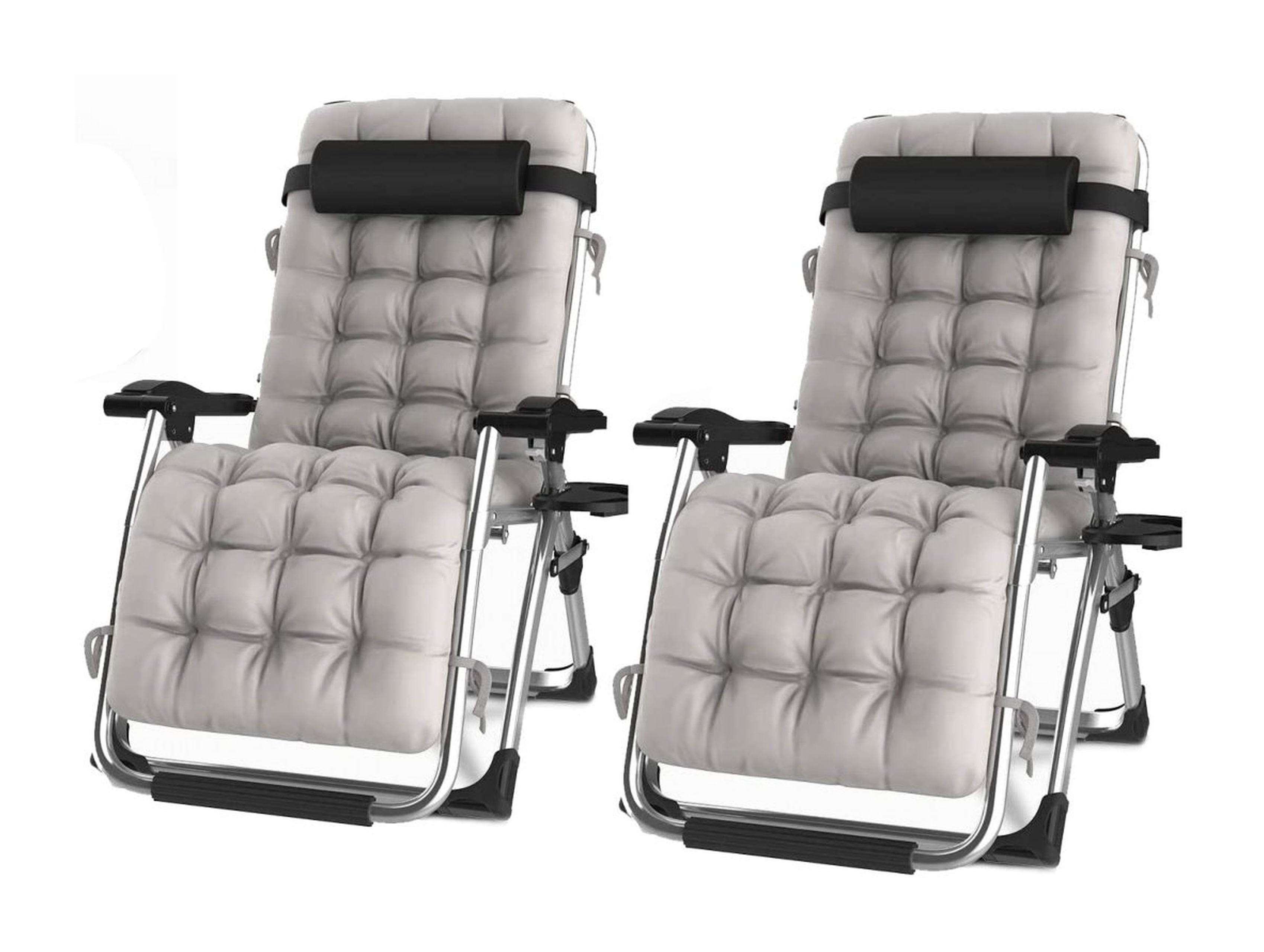 Groundlevel Pair of Luxury Gravity Garden Adjustable Sun Lounger Relaxer Chair with Cushion | Grey | Grey
