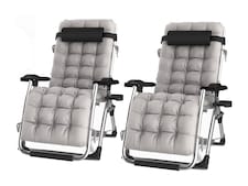 Groundlevel Pair of Luxury Gravity Garden Adjustable Sun Lounger Relaxer Chair with Cushion | Grey | Grey