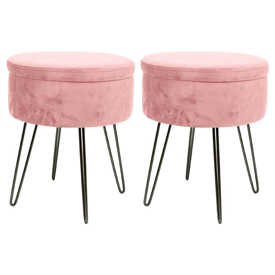 image 1 of Harbour Housewares Set Of 2 Pink Velvet Storage Footstools Round Black Base Ottomans H45 x D36cm Feminine Interior Addition Pink