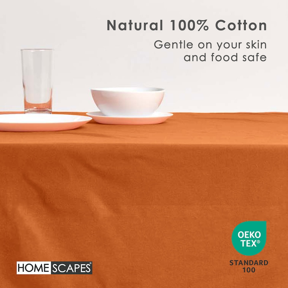 image 1 of Homescapes Burnt Orange Cotton Tablecloth - 137 x 178 cm | Orange | 137cm x 178cm (54" x 70")