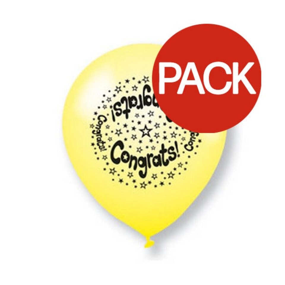 image 1 of Unique Party Latex Assorted Designs Congratulations Balloons (Pack of 10) - Yellow/Black - 9in