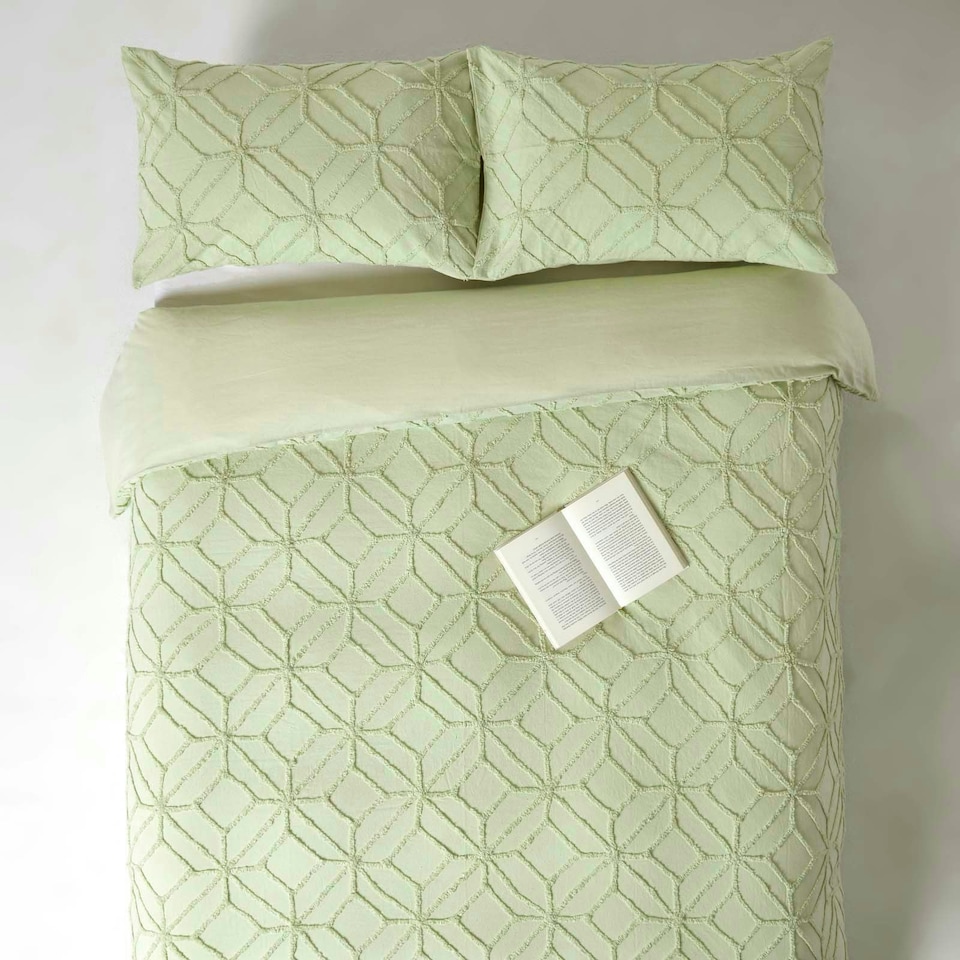 image 1 of Homescapes Sage Green Diamond Cotton Tufted Duvet Cover Set - King | Multi | King