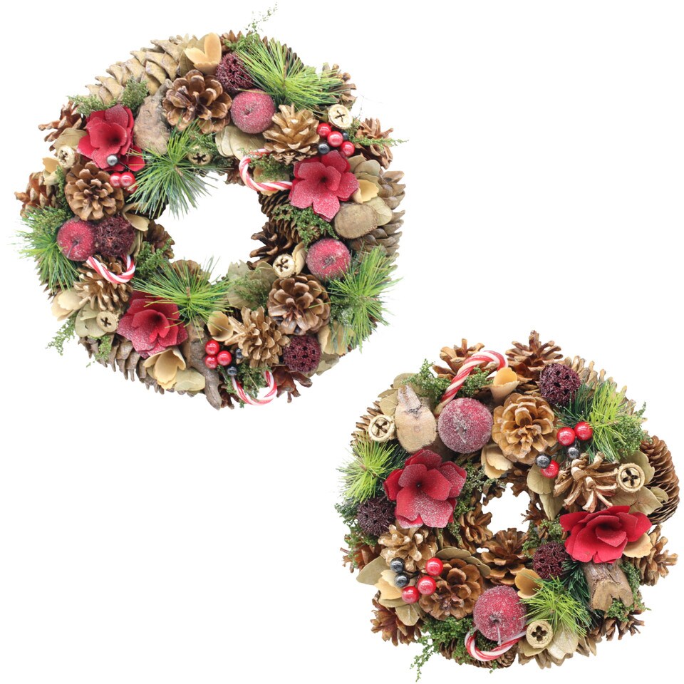image 1 of Christmas Wreath Festive Decoration with Jute Hanger Traditional Pinecone Decor | Multi | Candy Cane | 34cm | 1