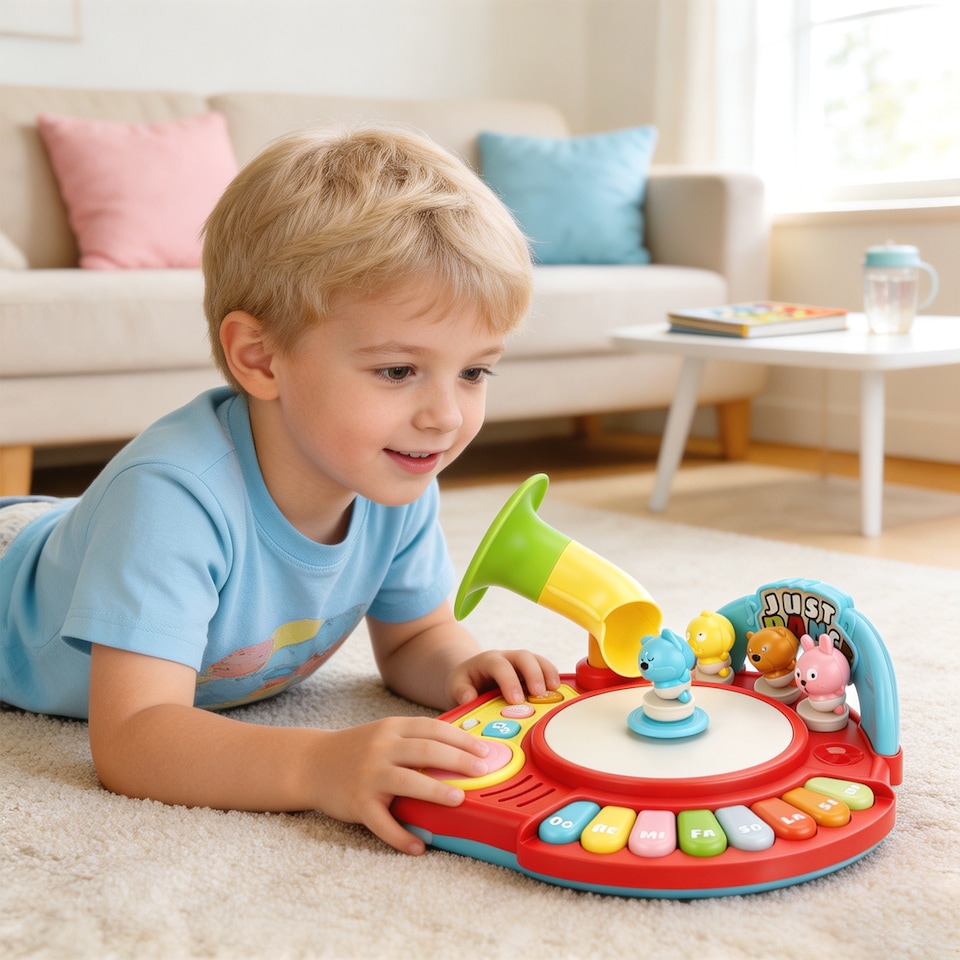 image 1 of Baby Musical Piano Toy with 4 Dancing Animal Figures - Interactive Toddler Keyboard Learning Toy with Music, Lights & Drum Sounds – Educational Gift for Ages 1-4