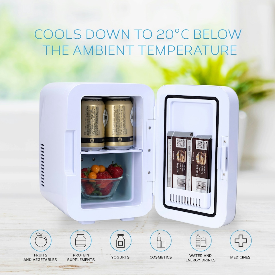 image 1 of MONCOOK Mini Fridge For Bedrooms - Small, Portable & Quiet - Glass Door Mini Fridge For Skincare, Food & Drinks - Cooling & Warming Function - 6L White