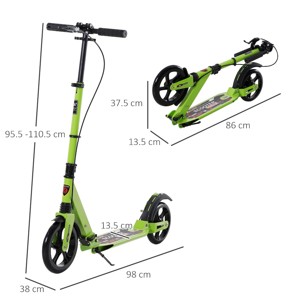 image 1 of HOMCOM Kick Scooter, Folding 2 Wheel Scooter with Dual Brake System, Dual Suspension, 230mm Big Wheels and 3 Adjustable Handlebar, for 14 older Teens Adults, up to 100KG, Green