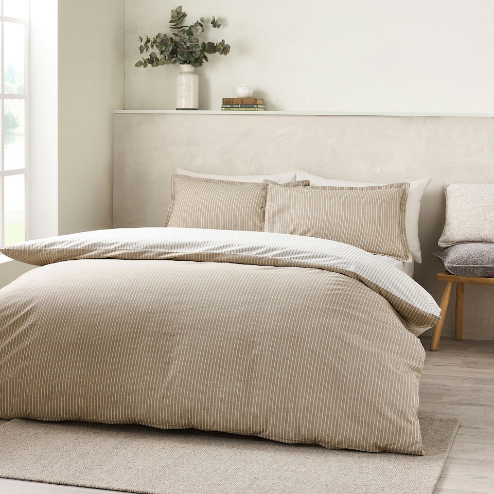 image 1 of Catherine Lansfield Oxford Pinstripe Reversible Duvet Cover Set Natural | Cream | Natural | Super King