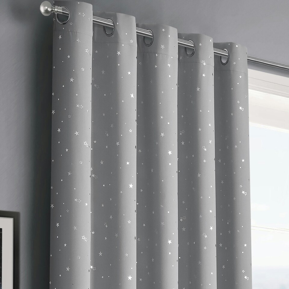 image 1 of Velosso Stars Thermal Blackout Ready Made Eyelet Curtains - 117cm x 137cm Grey