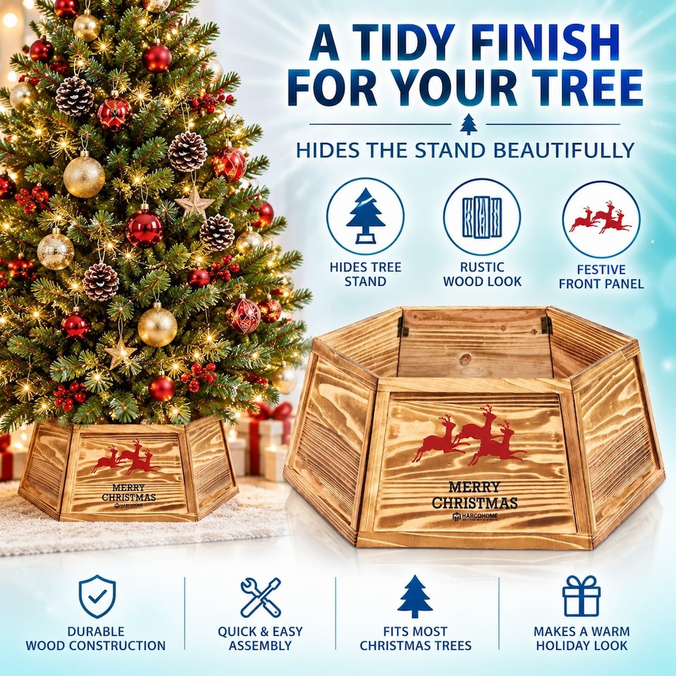 image 1 of 31.5 inch Hexagon Wooden Christmas Tree Collar with Burnt Finish for Festive Tree Stands