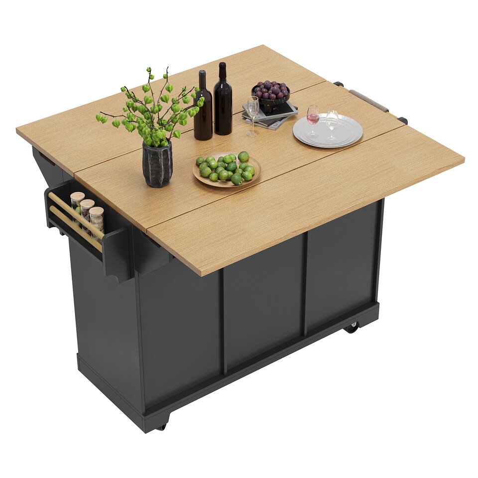 image 1 of VILUXE Kitchen island, cabinet, sideboard 120 x 40 (80) x 95 cm, extendable kitchen trolley with casters, extendable on both sides, with towel rail and spice rack, two doors, three drawers, black/white