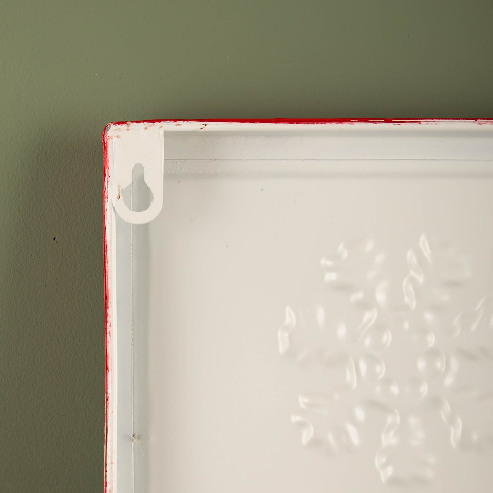 image 1 of 57cm Metal Merry Christmas Hanging Sign in Red & White with Green Snowflakes