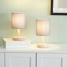 ValueLights Nelly Pair of Grey Shade with Wooden Base Bedside Table Lamps
