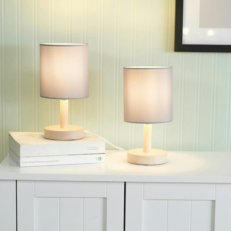 image 1 of ValueLights Nelly Pair of Grey Shade with Wooden Base Bedside Table Lamps