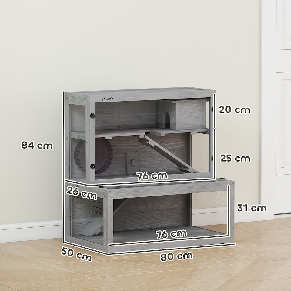 image 1 of PawHut 3 Tier Wooden Hamster Cage with Hut, Wheel, Ramps, 80 x 50 x 84 cm