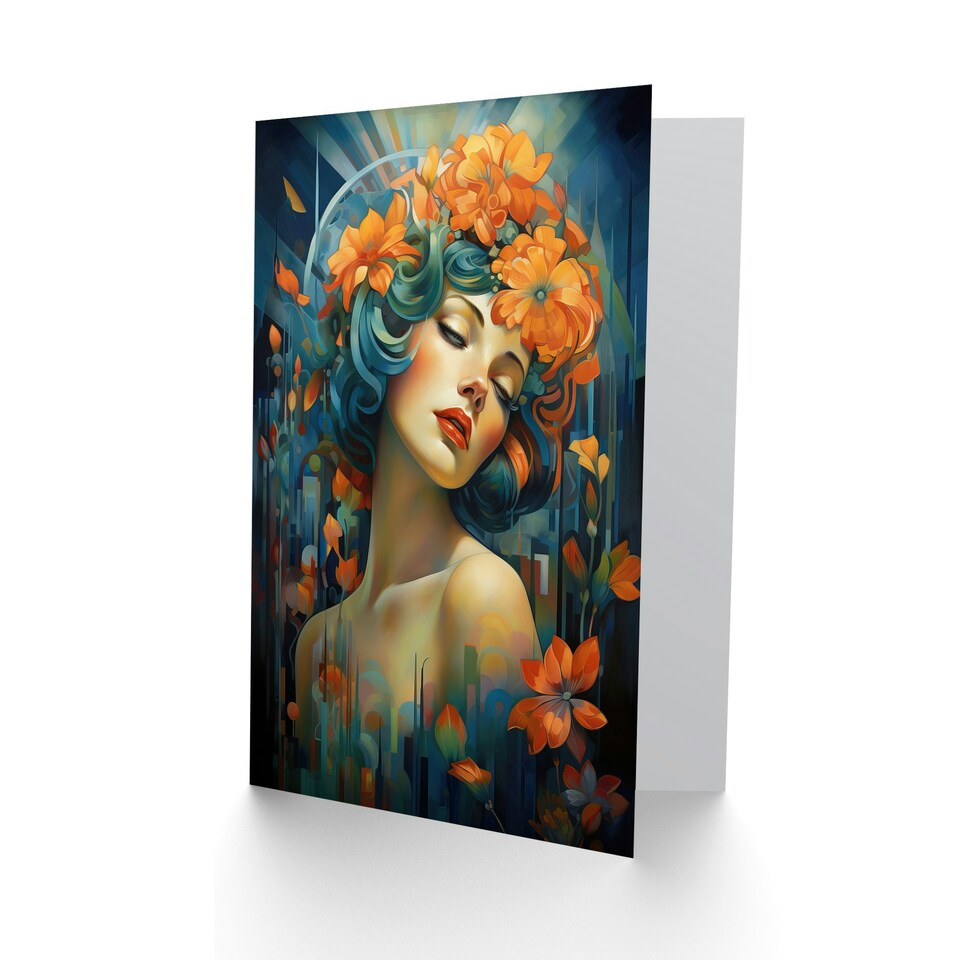 image 1 of Woman Portrait Flowers Modern Deco Birthday Card