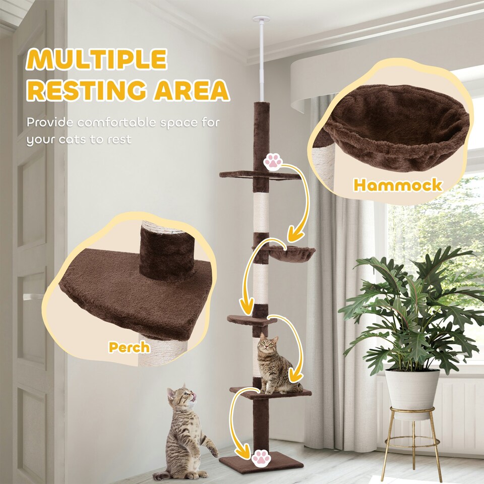 image 1 of PawHut Floor to Ceiling Cat Tree 5-Tier Climbing Tower Scratching Post Brown