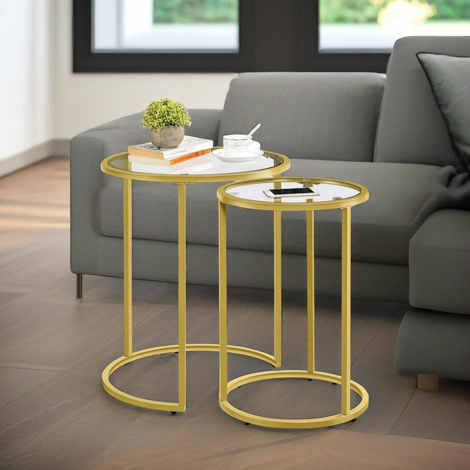 image 1 of Set Of 2 Round Gold Nesting Tables With Tempered Glass | Gold