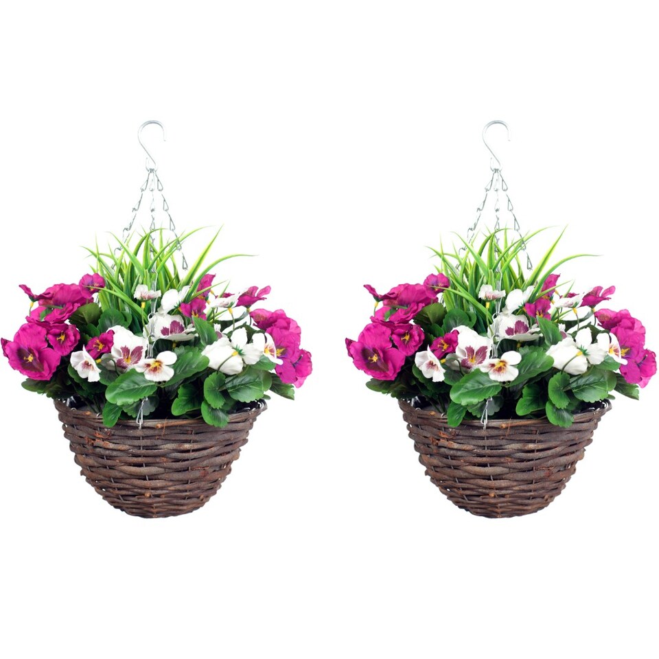 image 1 of Pair of 30cm 10 Inch Purple & White Pansy Flower with Decorative Rattan Hanging Baskets for Indoor Outdoor Garden Use | Purple | Purple & White | 1