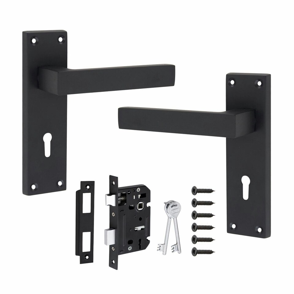 image 1 of Golden Grace Victorian Straight Delta Door Handles Lever in Matt Black with 64mm 3 Lever Lock Set - 150mm x 40mm Backplate Black