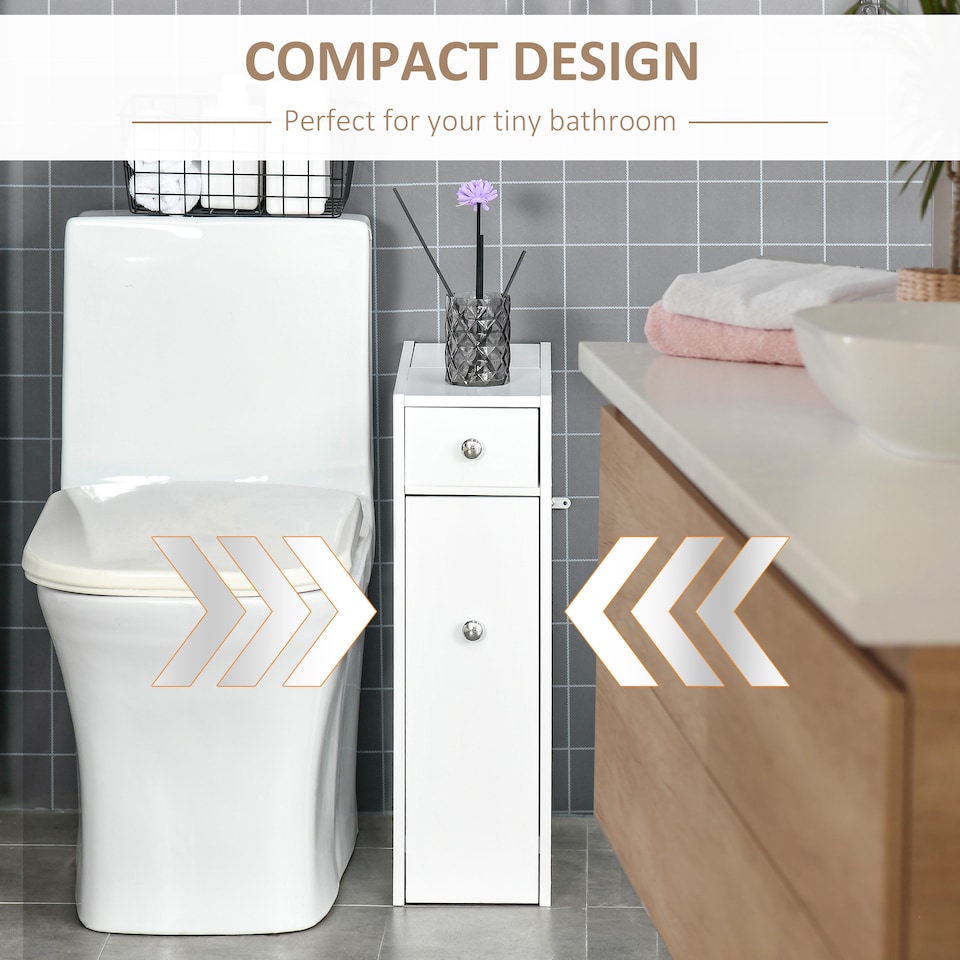 image 1 of HOMCOM Bathroom Slim Floor Cabinet Narrow Wooden Storage Home Bath Toilet Cupboard Organiser Unit with Drawers White