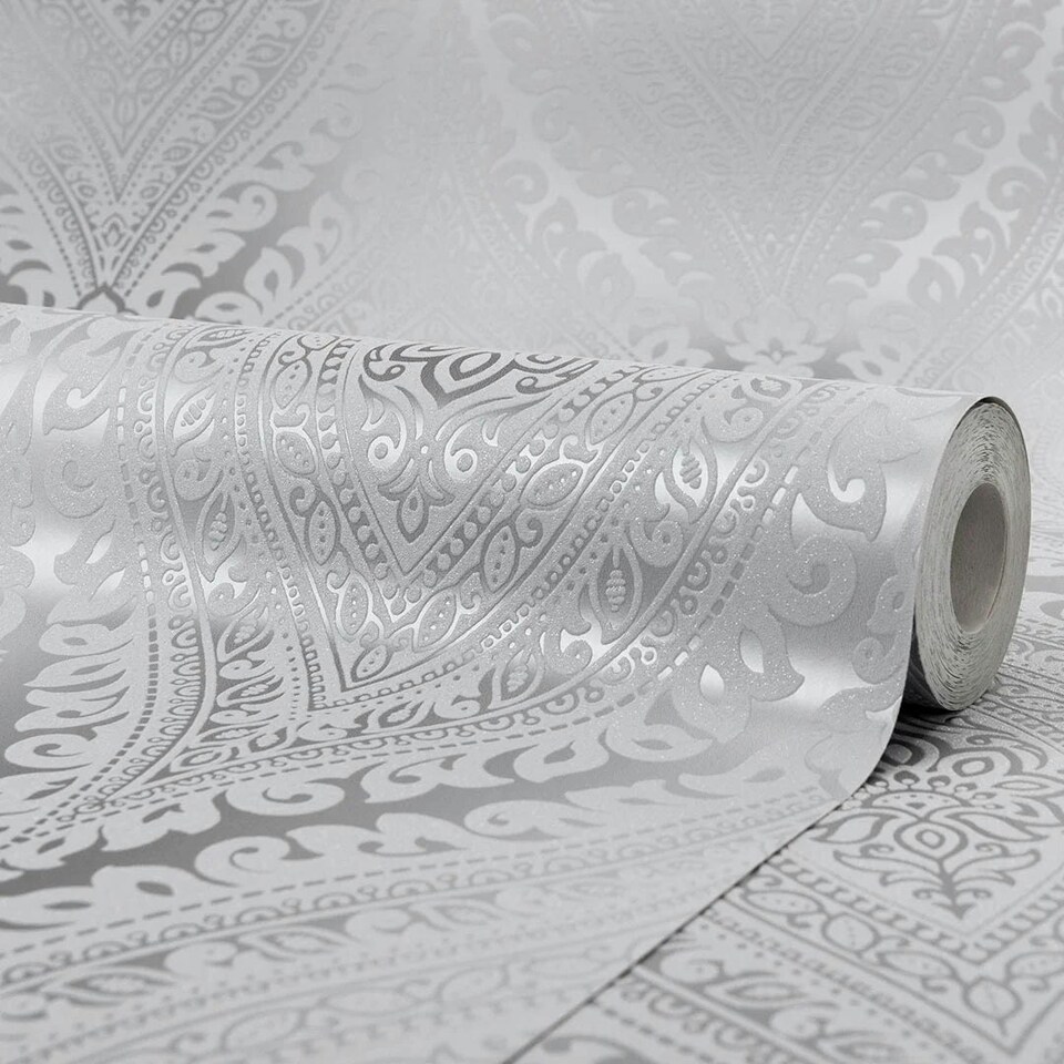 image 1 of Ariana Wave Wallpaper in Grey and Silver Multi