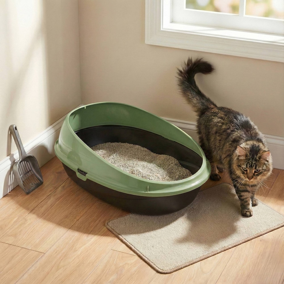 image 1 of Oval Cat Litter Tray Box with Rim | Green | 1