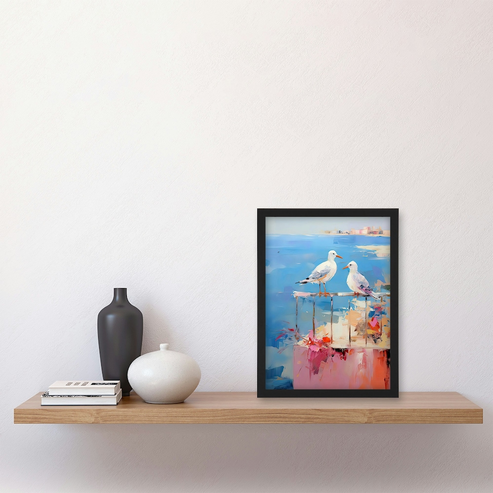 image 1 of Seagulls Seaside Birds By Beach Abstract Oil Pink Orange Black Framed Wall Art Print A4